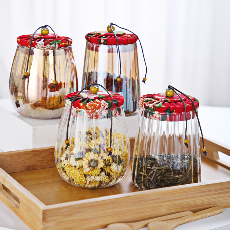 花布盖茶叶罐1 Glass jar with cloth lid for multi-grain storage (1)