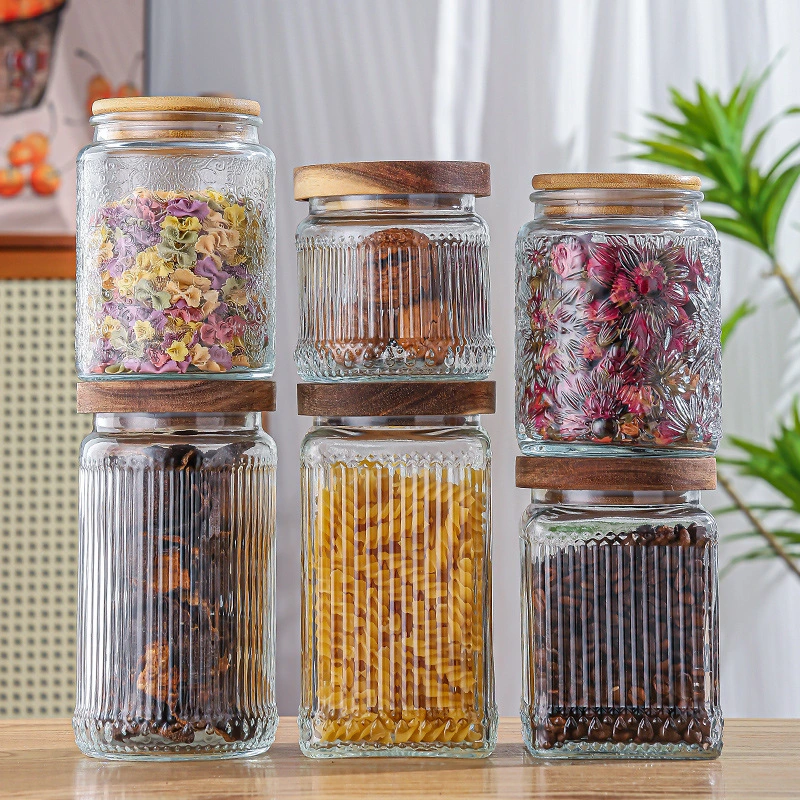 竖条纹储物罐 Striped glass jar with wooden lid (10)