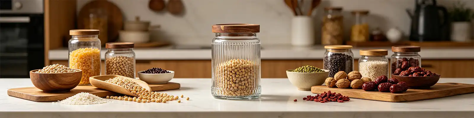 ribbed glass jar with wooden lid