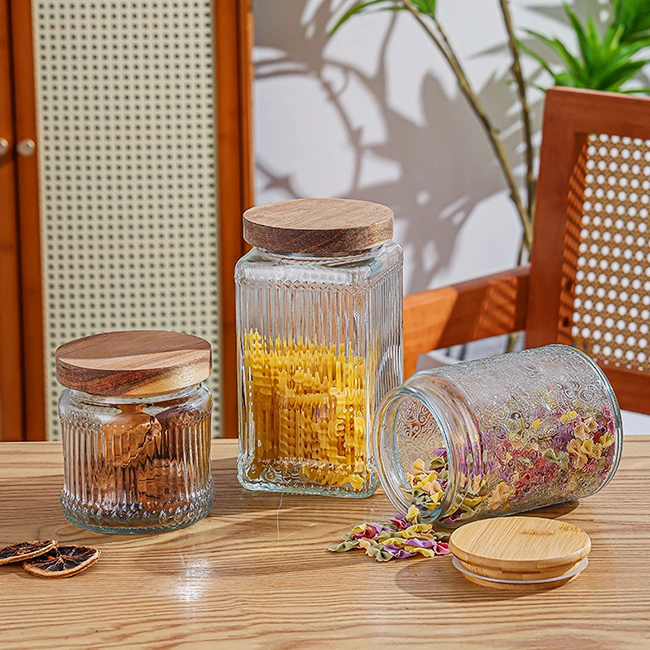 Striped glass jar with wooden lid